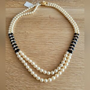 Double Strand Pearl Necklace – Black & Gold Accents – Elegant Statement Piece